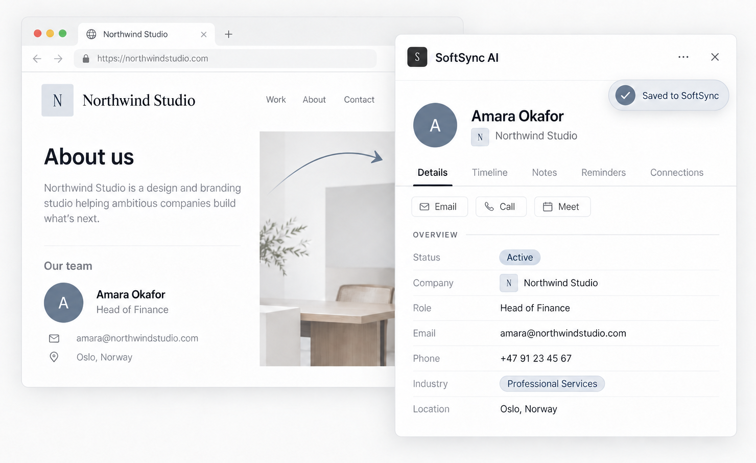 SoftSync browser extension saving a contact and company for outreach