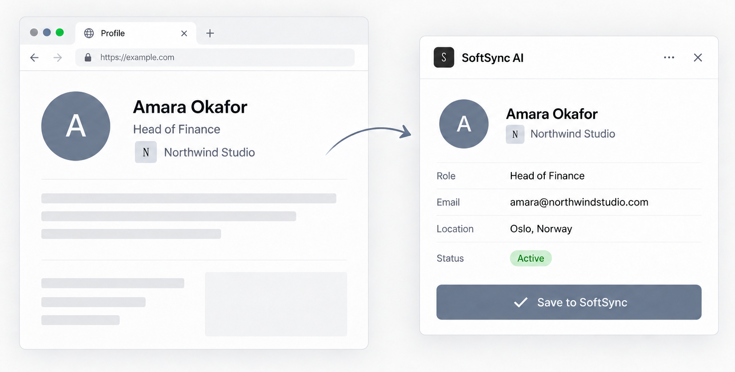 SoftSync extension previewing a LinkedIn contact ready to save