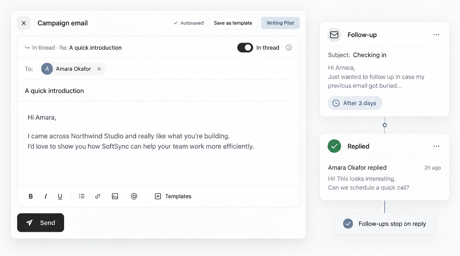 SoftSync email campaign connected to a customer record