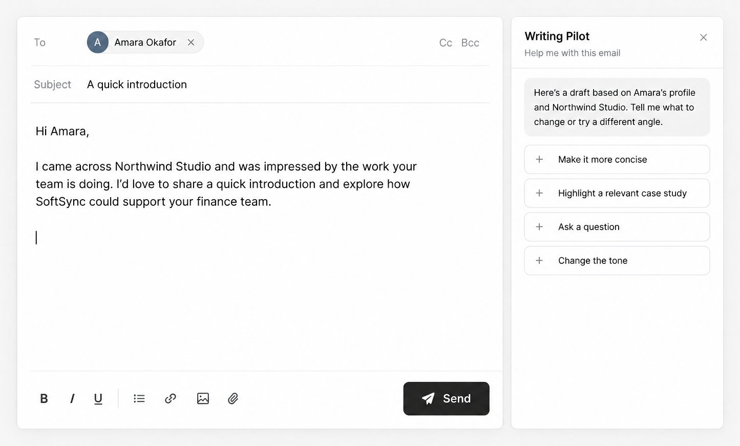 A personalised SoftSync email draft using customer details