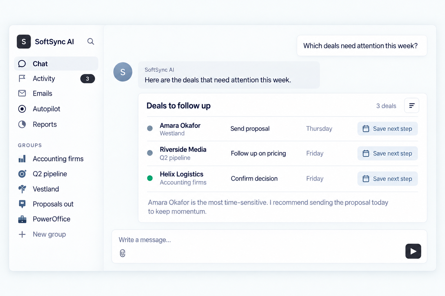 SoftSync AI Assistant answering a sales question with customer context