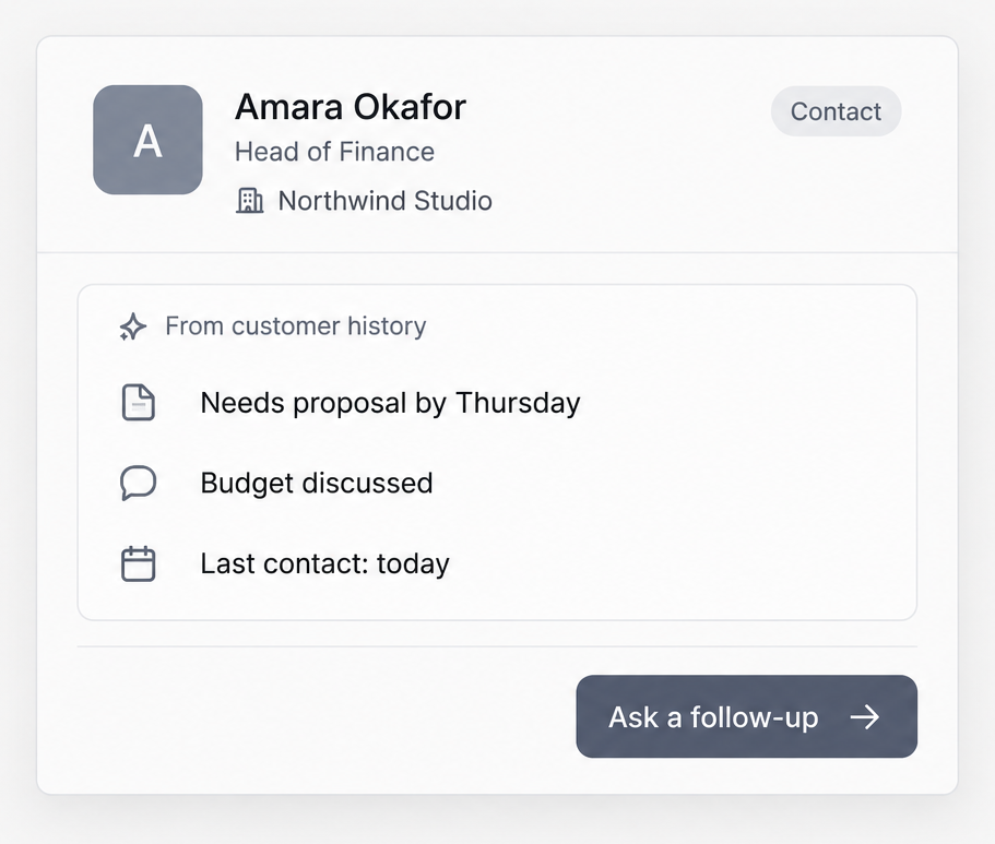 An AI-generated SoftSync customer brief with recent activity and next steps