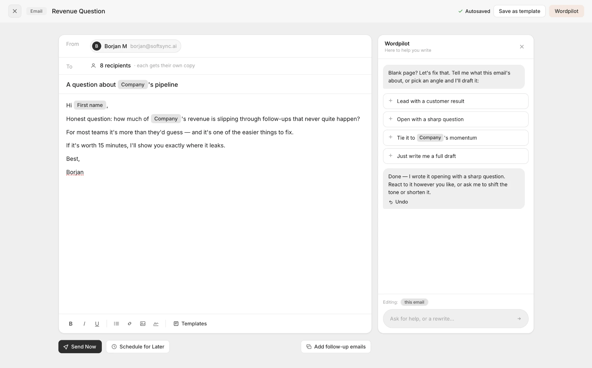 Wordpilot drafting an email inside SoftSync